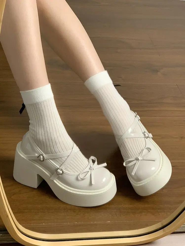 Fashion Women's White Thick-Heel Mary Janes - New for Spring & Fall, Knot Detail, Slip-On Chunky Heel Fashion Shoes