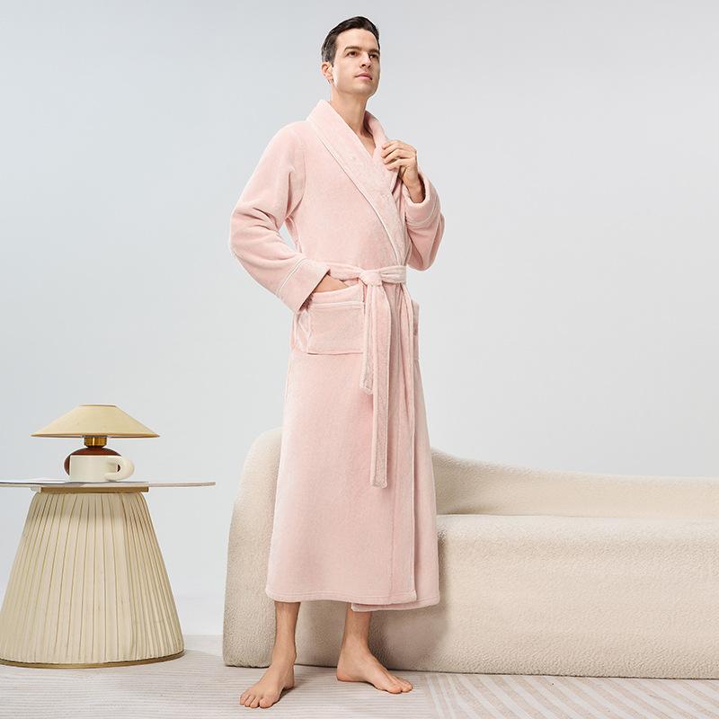 Men's Shawl Collar Robes Full Length Fleece Plush Bathrobes Soft Spa House Coat with Pockets Fluffy Spa Robes Unisex Winter Cozy Warm Spa Long Robe