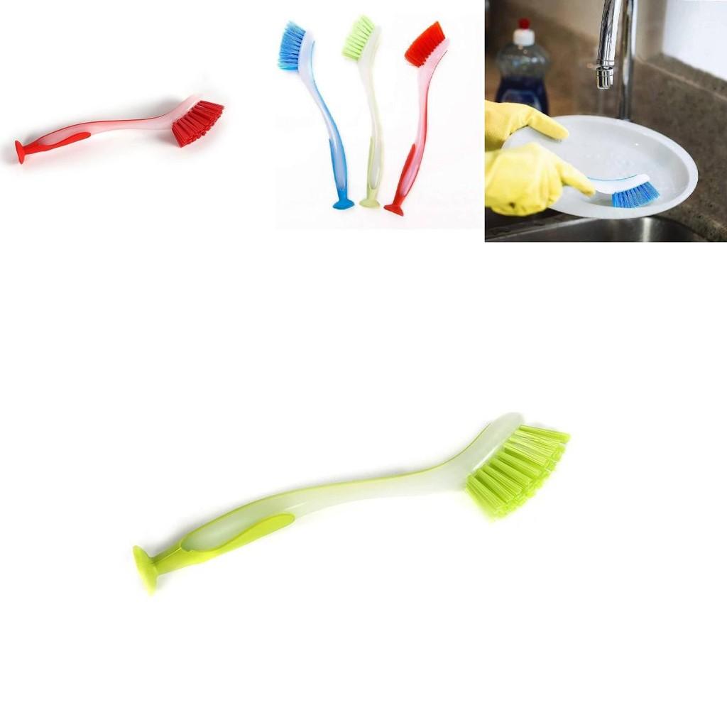 Plastic Dish Cleaning Brush With Suction Cup And Long Handle For Kitchen Scrubbing Tasks