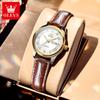 OLEVS 3649 Luxury Brand Brown Leather Lady Waterproof Elegant Classic Business Woman Quartz Watch