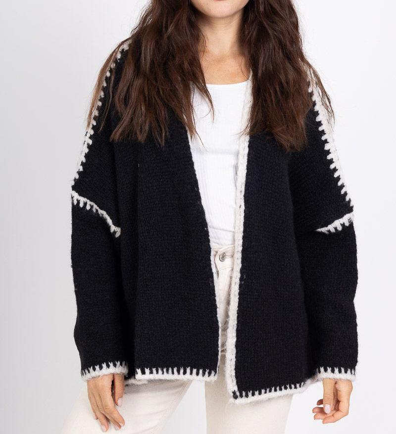 

Жіночий в’язаний кардиган з V-подібним вирізом, вільний, з м’якої тканини, шикарний теплий светр, в’язане пальто з довгими рукавами, кольорове зіткнення, дизайн осінь-зима S чорний