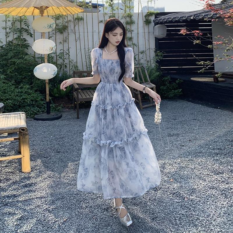 Retro square collar floral dress women's summer new super fairy Mori waist thin fungus edge long skirt