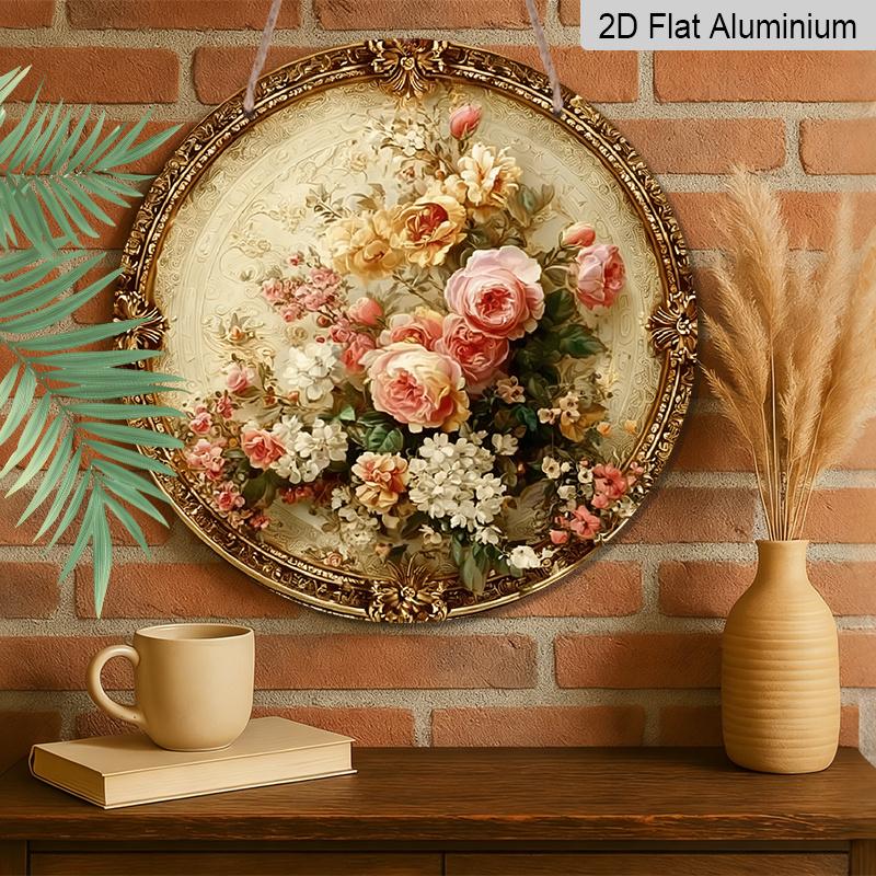 2D Flat, 1pc Round Vintage Floral Metal Wall Decor - Beige & Golden Suitable for Home, Suitable for Housewarming Gifts, Round Aluminum Plaque with