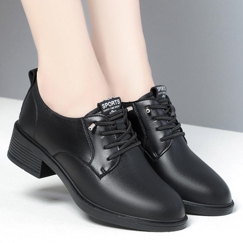 Spring Autumn Women Round Heel Shoes Square Heel Lace-free Office Pumps Work Party Shoe Black Comfortable Soft Leather Shoes