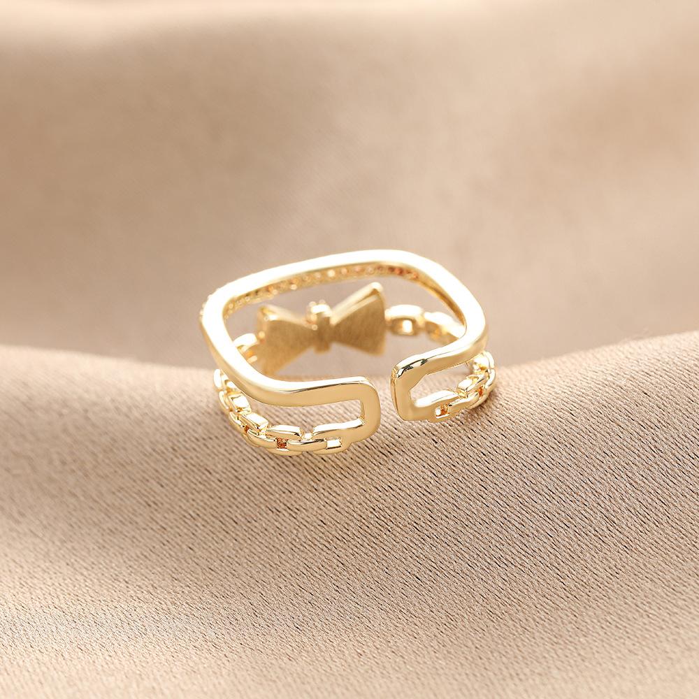 Korean style hollow out double-layer bow ring for women, light luxury, sweet personality, open index finger rings