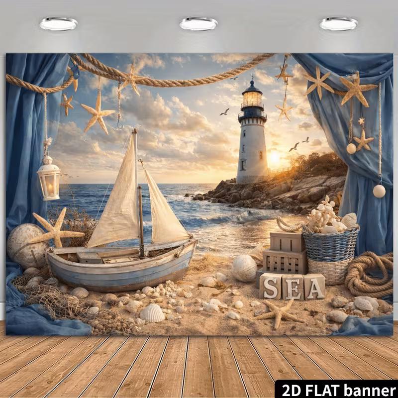 2D Nautical Backdrop with Lighthouse, Sailboat, Starfish & Seashells
