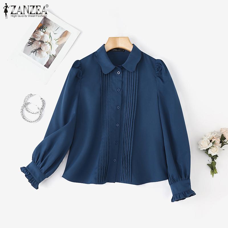 ZANZEA Women Casual Doll Collar Solid Color Loose Long Sleeve Blouse