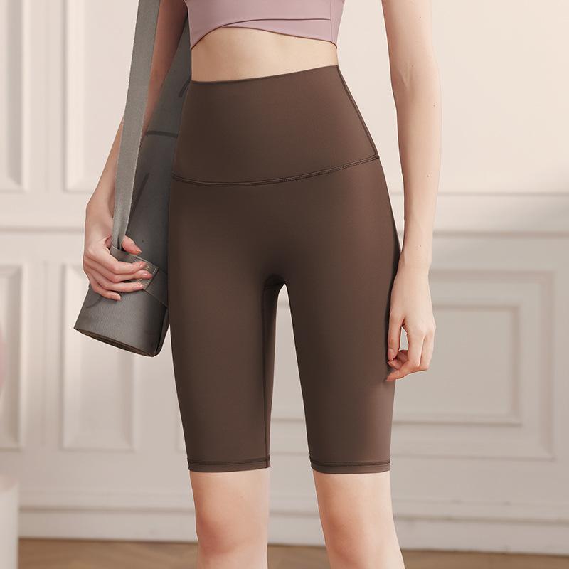 Sports shorts 2025 double-sided brocade nude fitness medium pants high waist slim peach hip sports five-point tight yoga pants women