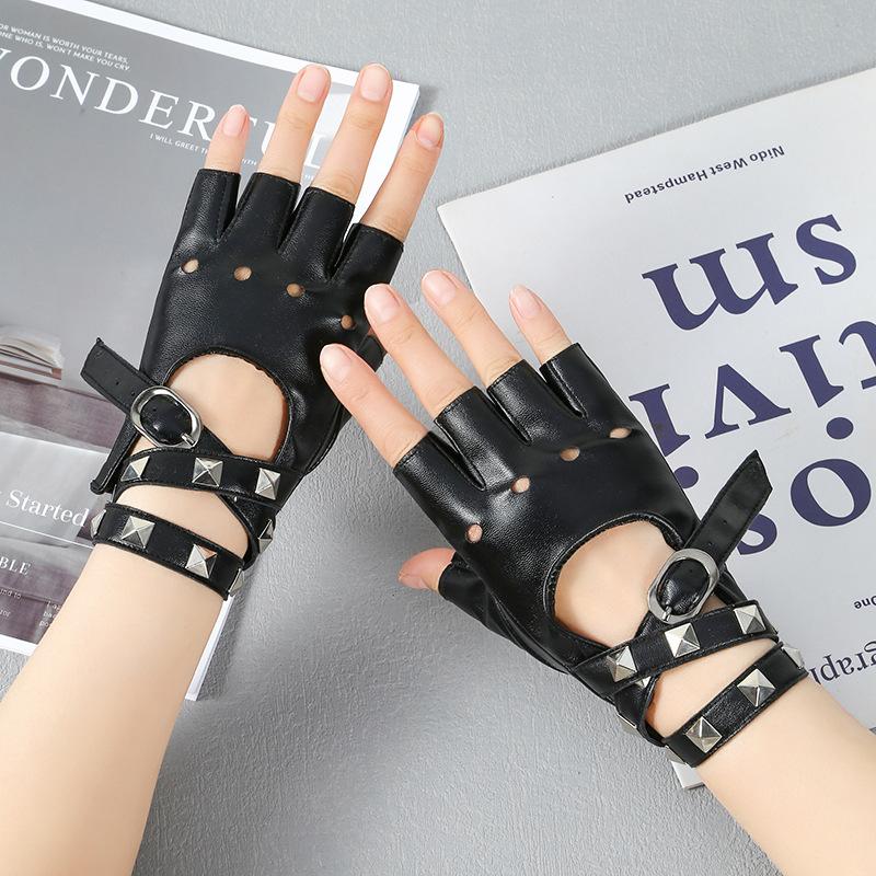 Unisex Punk Fingerless Gloves PU Leather Rivet Gothic Wrist Wrap Black White Disco Dance Rock Performance Gloves