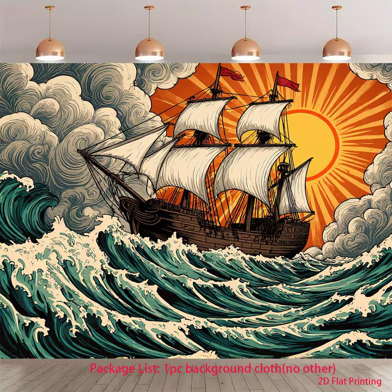 2D Woodcut Style Pirate Ship Tapestry with Stormy Sea 47.2x31.5inch/120*80cm