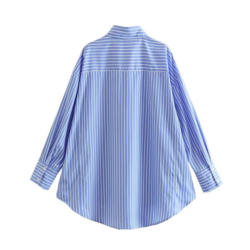 Spring New Arrival Women's Clothing Long Sleeves Lapel Versatile Casual Loose Inner Wear Bandage Dress Tops Blue and White Stripes Shirt