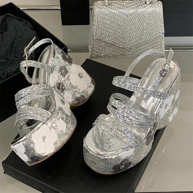 Eilyken Summer CRYSTAL Diamonds Sequin Cloth Platform Wedges Heels Sandals Women Buckle Strap Shoes Zapatillas De Mujer