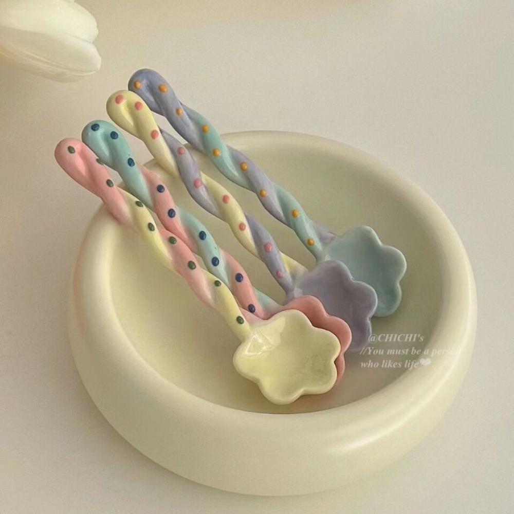 Ceramics Long Handled Spoon Cute Household Instagram Style Coffee Spoon Hand Painted Flower Shaped Stirring Spoon