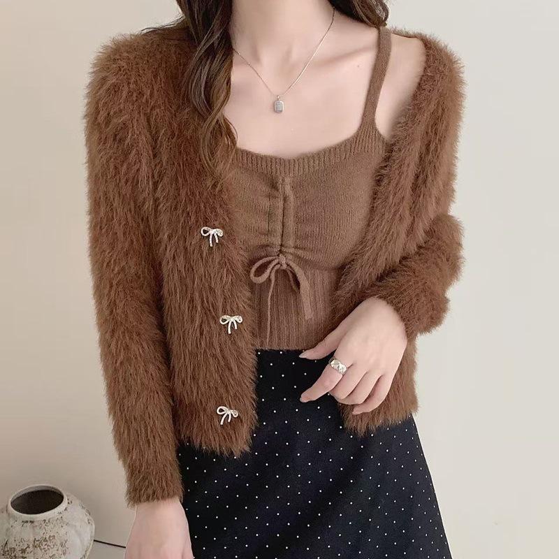 Women's Faux Mink Velvet Sweater & Cardigan Set with Bow Button - Autumn/Winter Japanese Style.