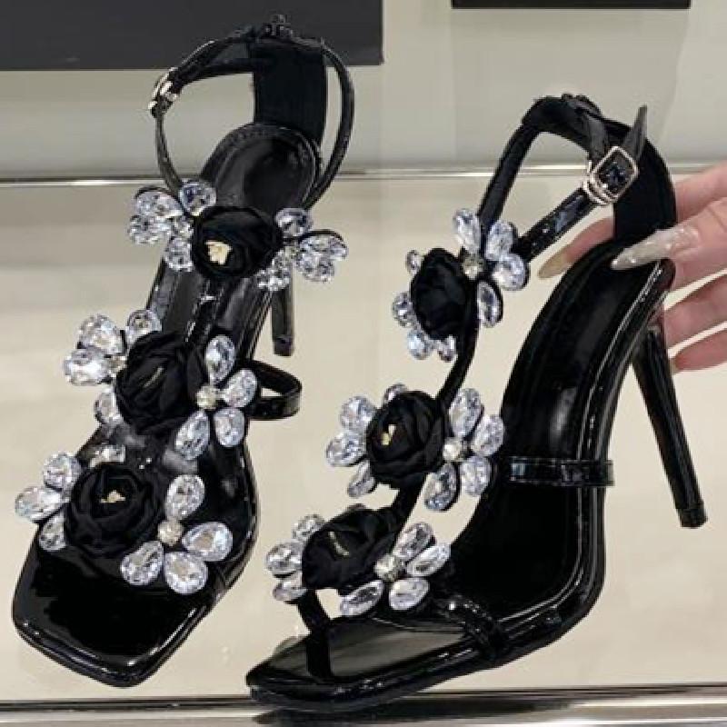 Fashion Luxury Rhinestone Flower Women Sandals Fashion Pointed Toe Thin Heel Roman Shoes Comfortable Open Toe Non-slip Designer Shoes