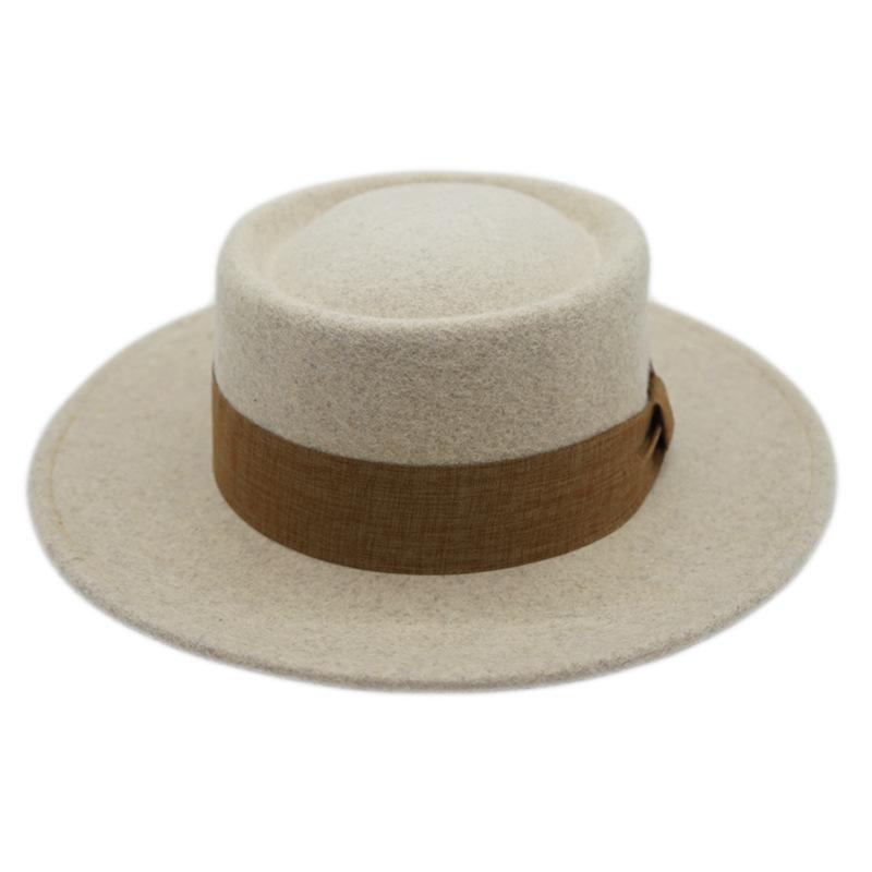 Beige Elegant Retro French Wool Flat Top Top Top Hat Women'S Autumn And Winter Japanese Korean Felt Wide Eaves British Flat Eaves