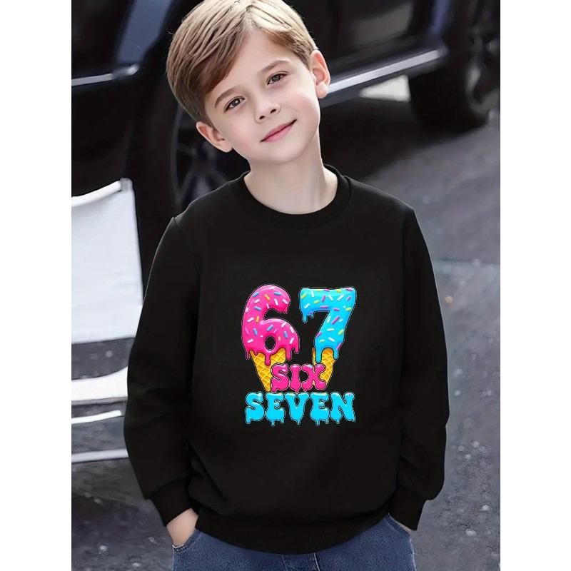 Kids Over 4Y Cute Ice Cream Drip Sprinkles Number 67 Print Sweatshirt Unisex Boys Girls Candy Waffle Cone Crewneck Sweat Top For 4-12Y Children