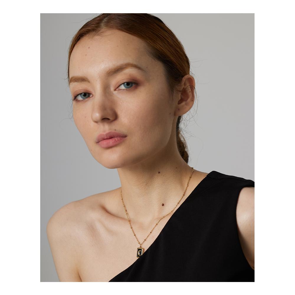 Yhpup Stainless Steel Enamel Moon Pendant Necklace Jewelry Stylish Metal Square Temperament Collar Anniversary Gift Waterproof