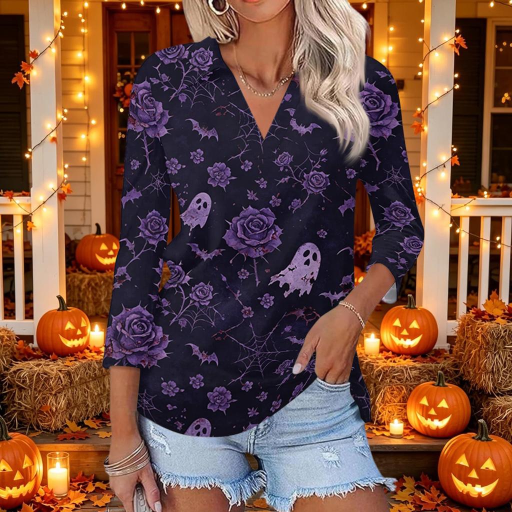 Women's Casual Halloween Themed Print V-Neck Three-Quarter Sleeve Top