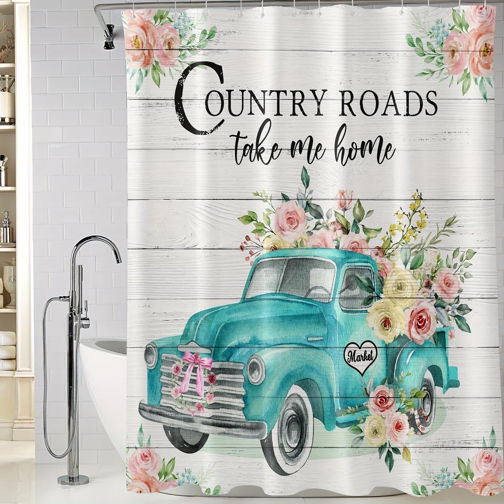 4pcs Flower Car Printed Bathroom Set Waterproof Curtain With 12 Hooks Non-Slip Bathroom Rug Toilet U-Shape Mat Toilet Lid Cover Pad Set