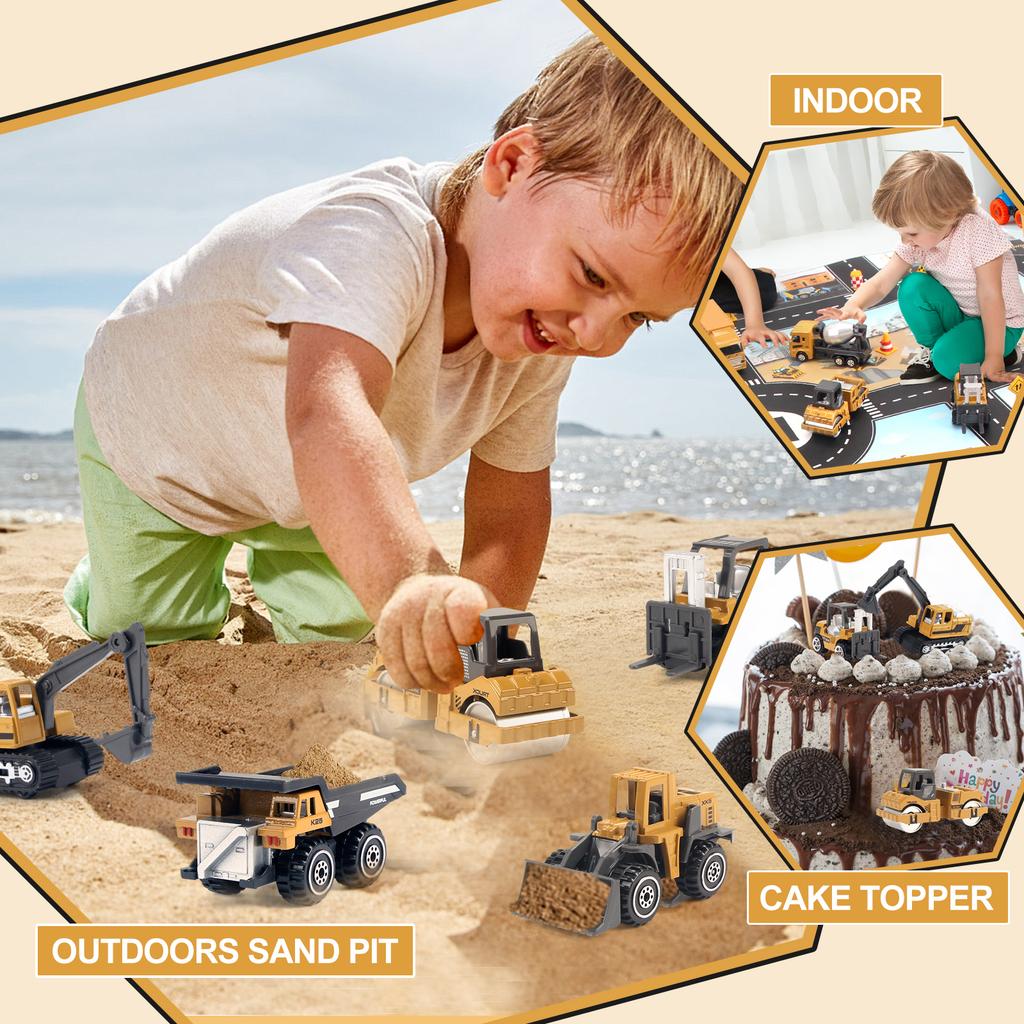 8pcs/set Alloy Engineering Truck with Mat&Road Sign Classic Construction Model Vehicle Loader Tractor Excavator Toy Car for Boys