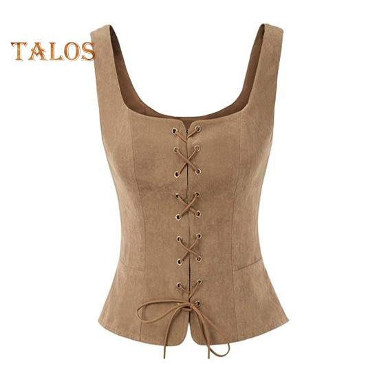 

Женский жилет на шнуровке Ренессанс Vinatge с квадратным вырезом без рукавов Средневековый приталенный однотонный топ для косплея на Хэллоуин L коричневый