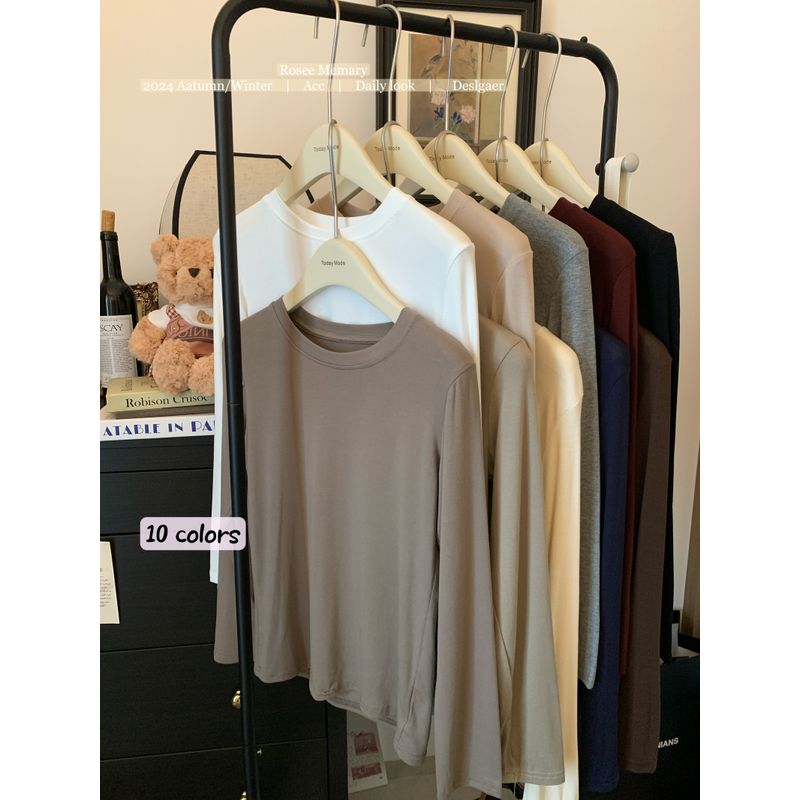 Simple Basic Pure Color All-Matching round Neck Pullover Long Sleeves T-shirt Female Autumn Soft Glutinous Inner Bottoming Shirt Ins Tops