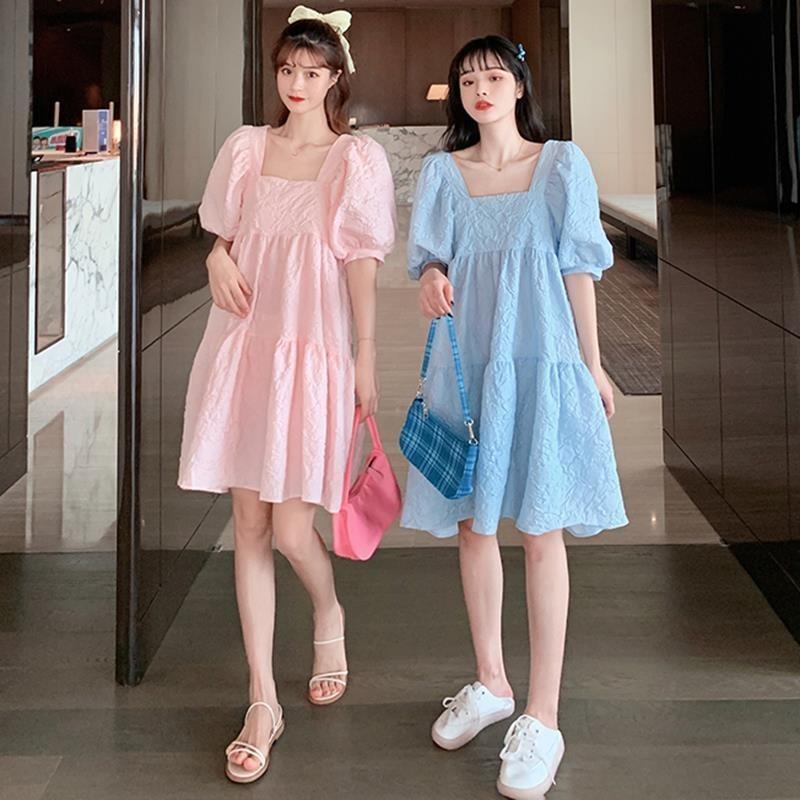 Pregnant Women Spring and Summer Sweet Square Neck Bubble Sleeves High Waist Thin Loose Girlfriends Dress