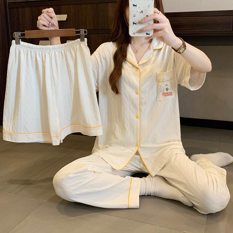 Cute cartoon summer pajamas women's simple jacquard imitation cotton short-sleeved student thin loungewear three-piece set