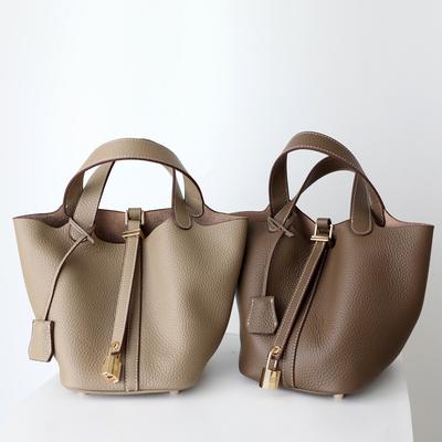 Head Layer Cowhide Vegetable Basket Women's Bag Genuine Leather Bucket Bag Handbag Lychee Pattern Hand-held Mom Bag