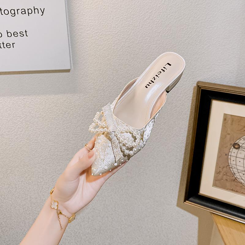 Summer New Shoes for Women Beautiful Slipper Pointed Toe Pearl Bowknot Casual Sandals Girl Match Dress Heels Mules Slides