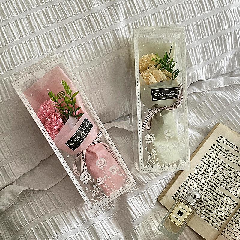 Artificial Carnation Floral Gift Box - Delicate Flower Arrangement In The Clear Plastic Box with Ribbon Decoration