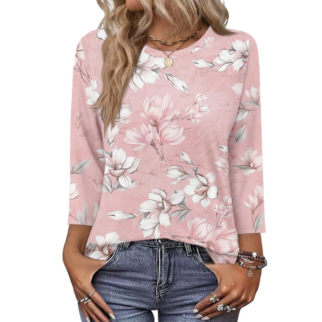 343/4 Sleeve Shirts For Women Cute Print Graphic Tees Blouses Casual Plus Size Basic Tops Pullover