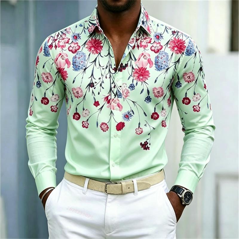 Camicia da uomo stile vacanza hawaiana camicia da uomo floreale a maniche lunghe alla moda design a stampa integrale cardigan top da viaggio all'aperto