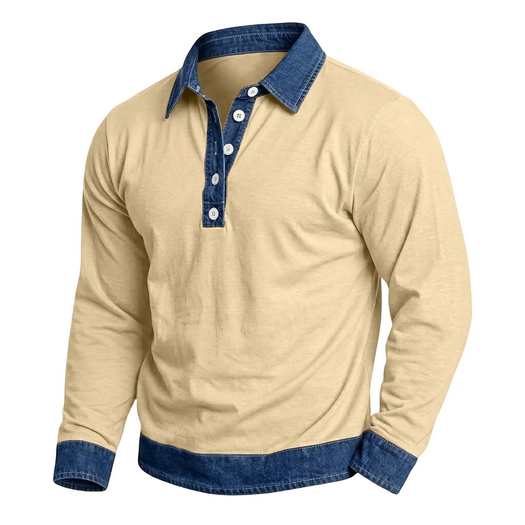 Herren Casual Patchwork Denim Langarmhemd mit Kragen