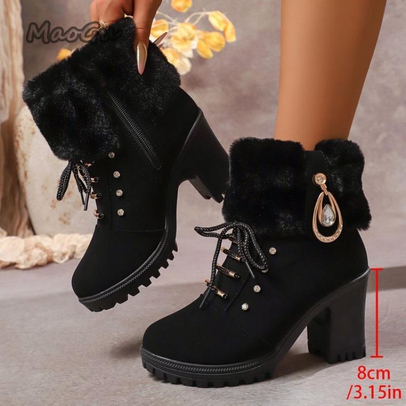 Fashion High Heel Women Platform Snow Boots Fashion Round Toe Side Zipper Short Tube Plush Shoes Crystal Decor Fleece Lined Botas Mujer