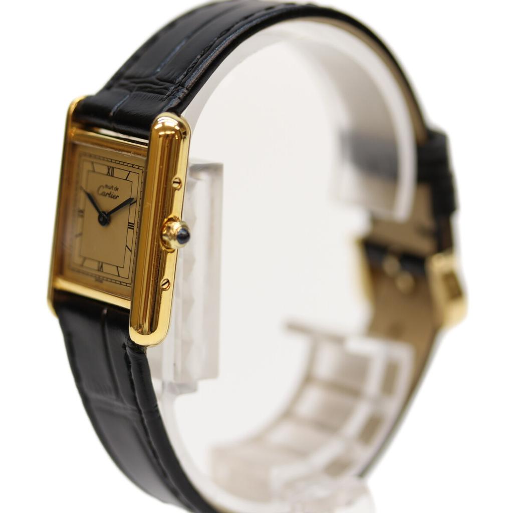 Cartier 82-95 925 Must Tank Vermeil SM Champagnerfarbenes Zifferblatt QZ Lederuhren Schwarz / Gold Gebraucht