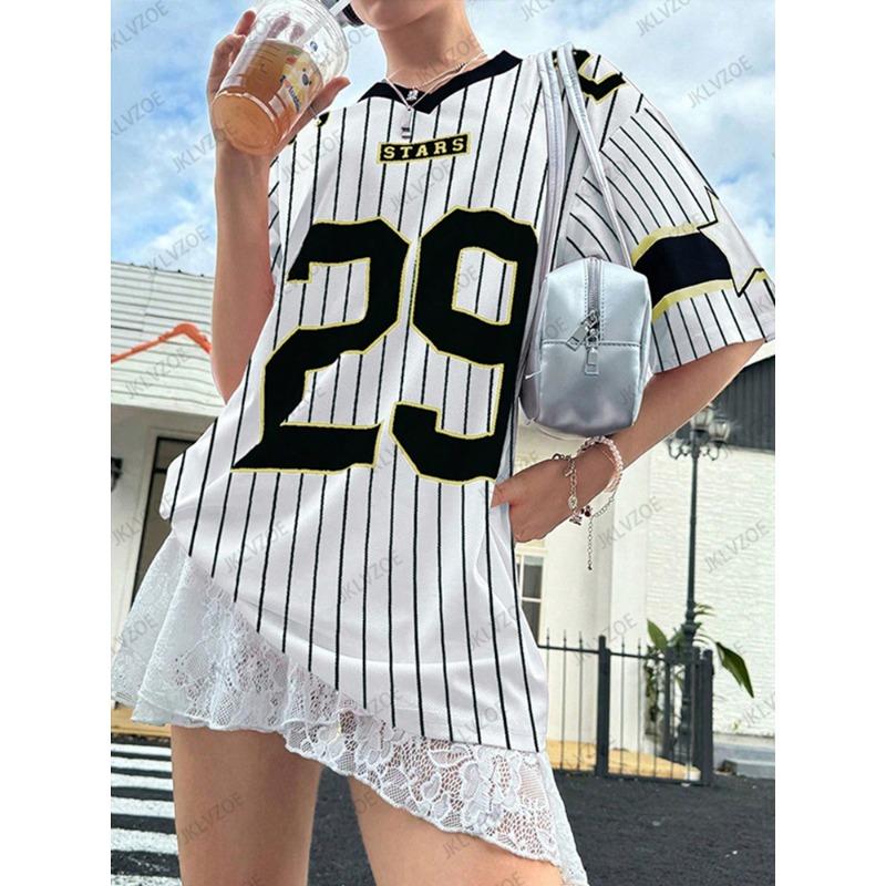 Camiseta Oversized Para Mulheres Decote V Manga Curta Verão Rosa Patchwork 29 Estampada Tops Streetwear Casual Camisa de Futebol Y2k