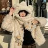 Plush hat autumn and winter women's double-layer thickened windproof and warm cute bear scarf and gloves integrated WJ