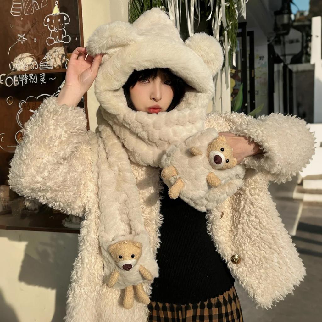 Plush hat autumn and winter women's double-layer thickened windproof and warm cute bear scarf and gloves integrated WJ