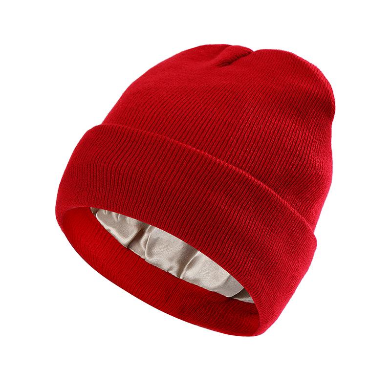 European-American Autumn/Winter Silk Satin Knitted Hat: Hairstyle Protection & Warmth