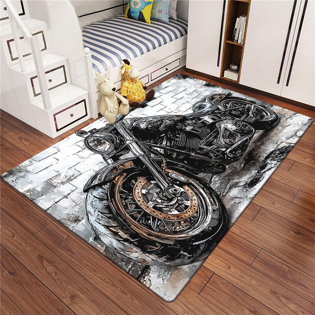 800g/m² Black Motorcycle HD Printed Carpet, Kitchen Rugs, Yoga Mat, Non-Slip Bathroom Mats, Absorbent Washable Polyester Rug for Bathroom, L