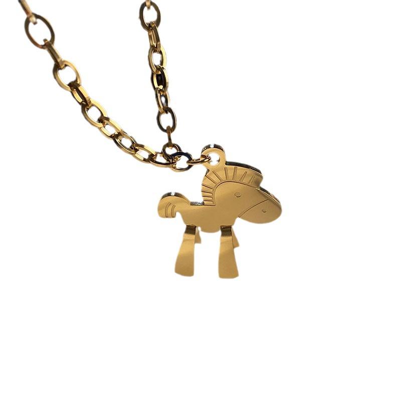 Korean Influencer Sweater Chain: Long, Non-Fading Little Horse Necklace Pendant in Titanium Steel for Women's Fashion.