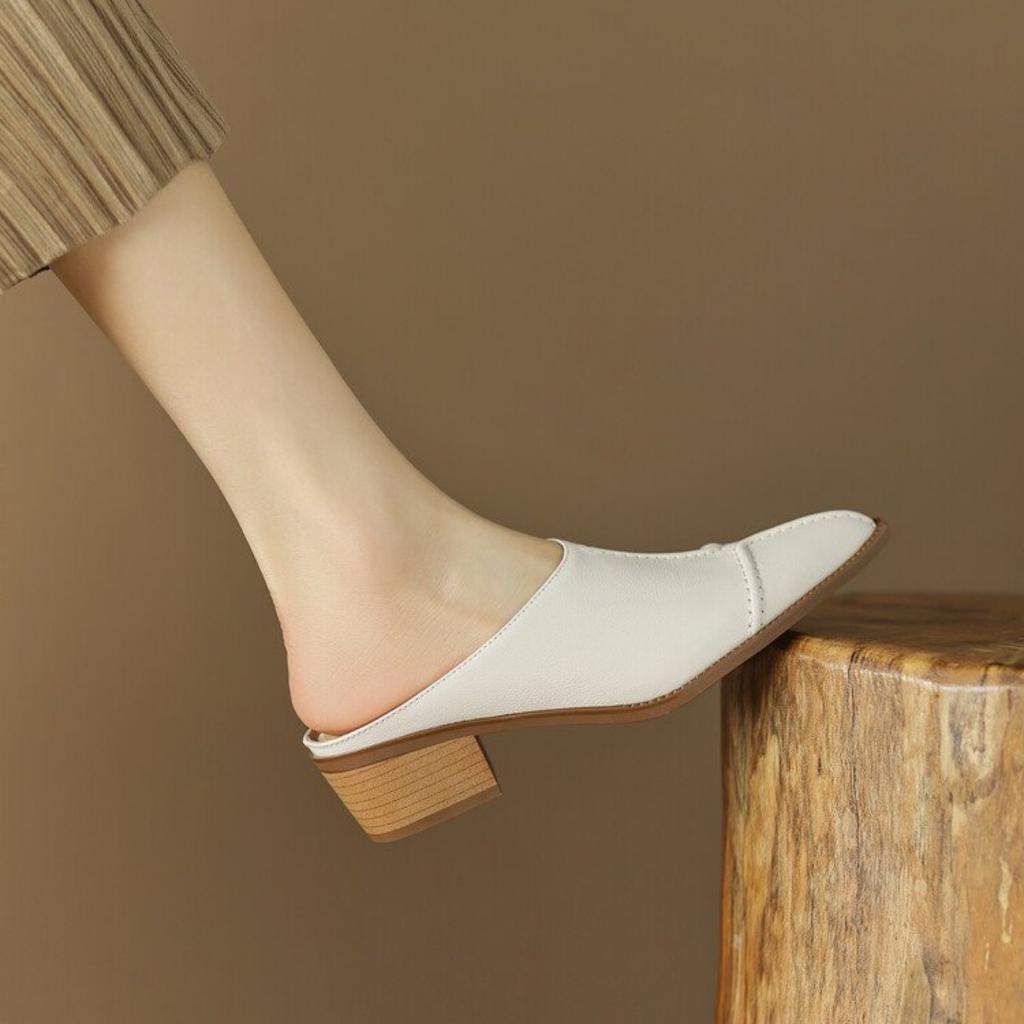 Damen Französische Retro Spitzpumps - Elegant Dicke Sohle Mittelhoher Absatz, Rutschfeste Gummisohle, Weiße Vielseitige Freizeitkleiderschuhe für Vier Jahreszeiten