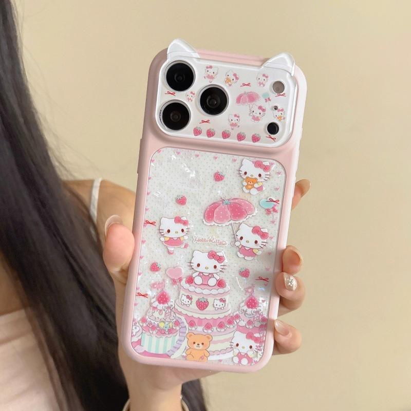 Compatible with iPhone 17 Pro Max: Strawberry Cake KT Cat Ears Large Window Case