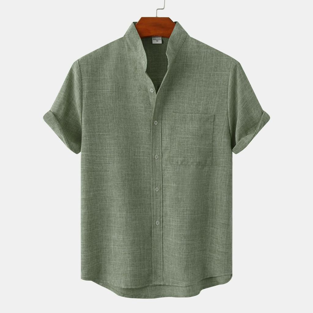 Camicia da Uomo in Cotone e Lino Monocolore a Maniche Corte da Uomo