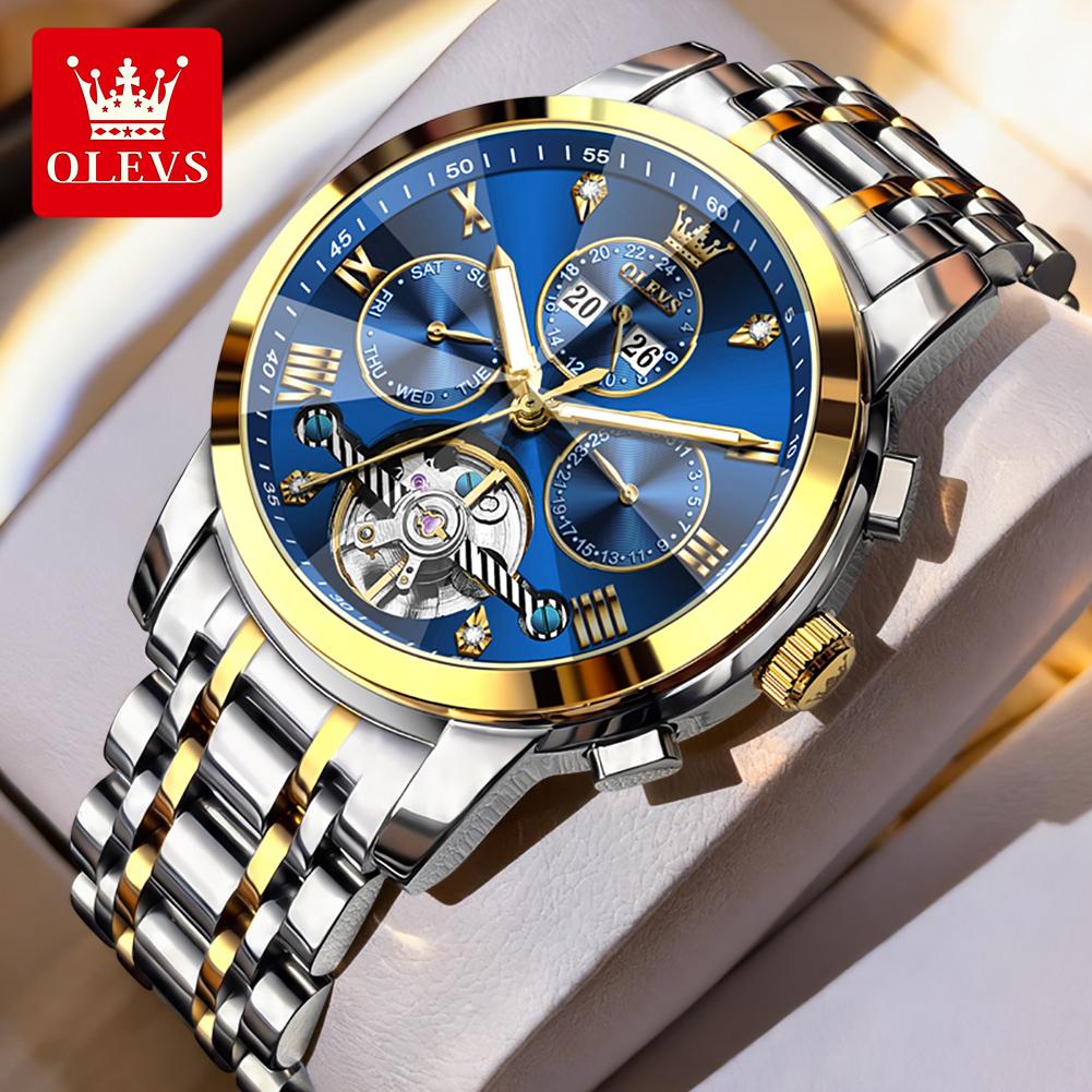 OLEVS Automatic Mechanical Watches for Men Stainless Steel Skeleton Flywheel Perpetual Calendar Rhombus Mirror Luxury Man Watch