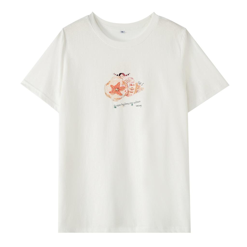 Large size loose cartoon small conch print T-shirt 2026 summer new versatile age-reducing top 264900