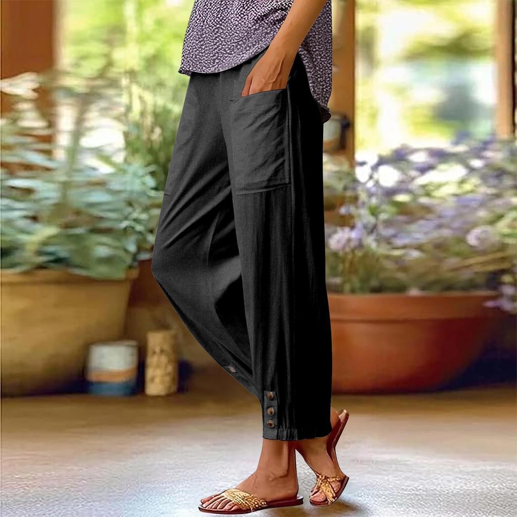 Women's Fashion Color Loose High Waist Button Pocket Cotton And Hemp Pants Nine Point Casual Pants