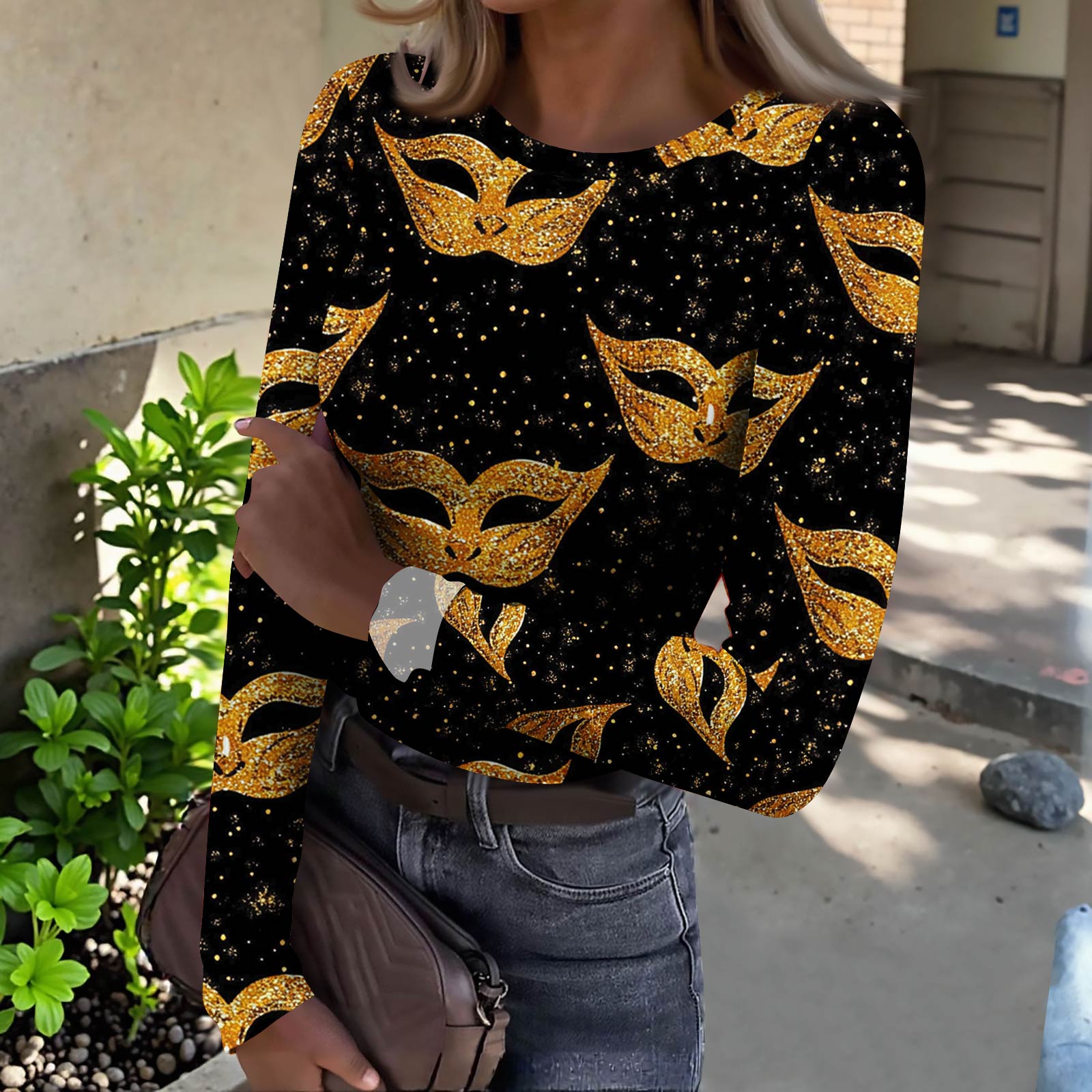 

Женская футболка с облегающим низом, модная повседневная с градиентным принтом, пуловер с круглым вырезом и длинными рукавами S